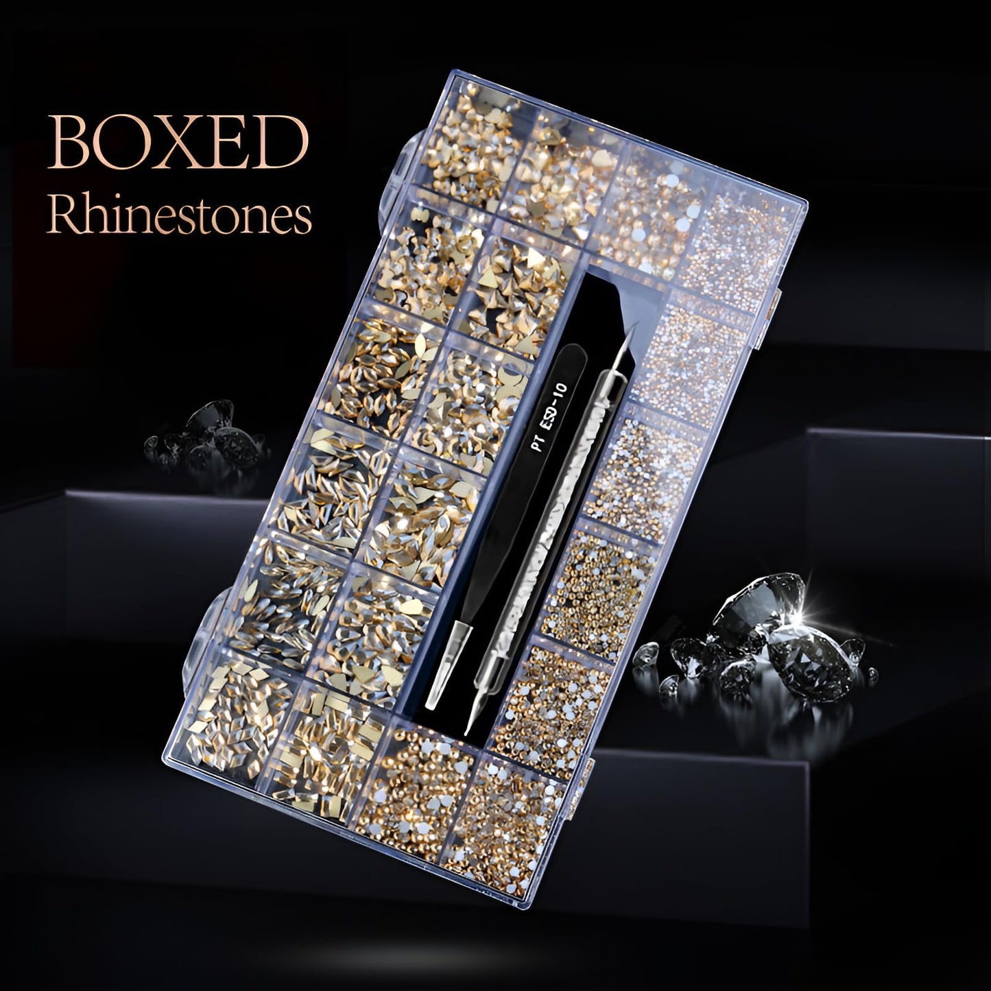 Yzzseven 12 Types of 600 Champagne Diamonds + 2500 Flat Rhinestones Mix 20 Styles Flatback DIY Crafts Rhinestone Crystals 3D Ornament‌s Flat Back Stones Set + Tweezers + Drill Pen