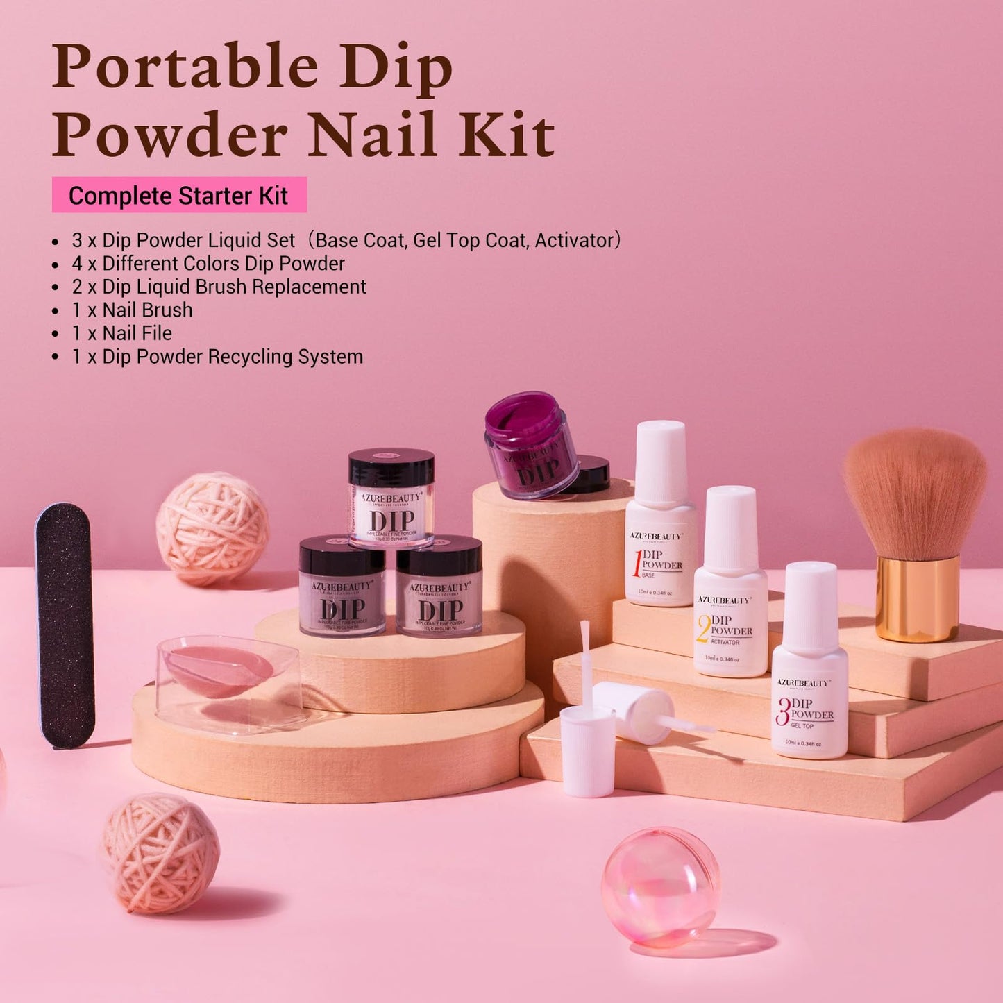 AZUREBEAUTY Dip Powder Nail Kit Starter, Light/Hot Pink Clear White Summer 4 Colors Acrylic Dipping Powder Liquid Set with Base/Top Coat Activator for French Nail Art Manicure DIY Gifts for Women