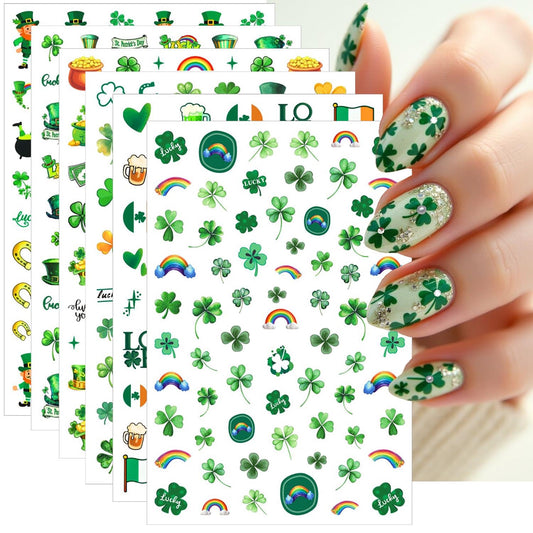 6Pcs St. Patrick's Day Nail Stickers Set Customized and Unique Irish Shamrock 3D Self-Adhesive Nail Decals Lucky Clover Four Leaf Design Green Shamrock Sticker for Saint Patricks Day Nail Decoration