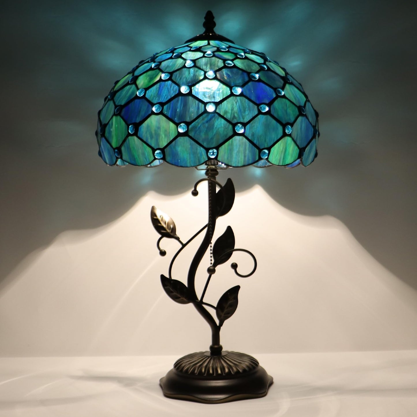 LXHCYOU Tiffany Table Lamp, Stained Glass Desk Light, W12H19 Inch, Metal Leaf Base (Sea Blue Pearl Style)