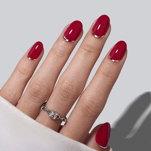 Red Press on Nails Oval - SHANGMENG Soft Gel 3D Silver Foil Short Press on Nails for Women, Seamless Fit Glue on Nails in 16 Sizes - 32 Reusable Fake Nails Kit with Glue, Crimson Curve