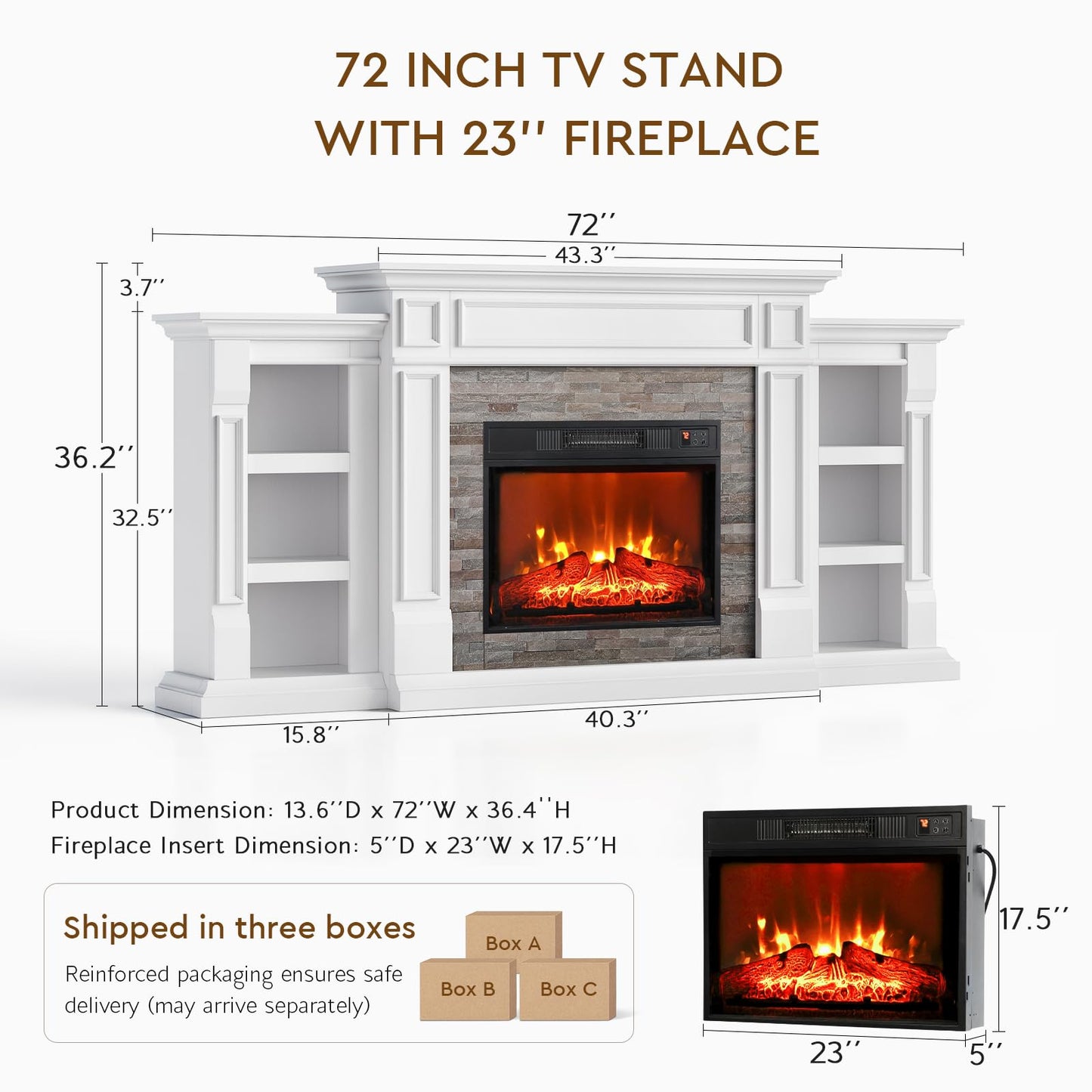 72" Electric Fireplace with Mantel, Fireplace TV Stand for TVs Up to 80 Inch, Modern Entertainment Center with Storage, Realistic Stacked Stone Surround with Remote Control for Living Room, Bedroom