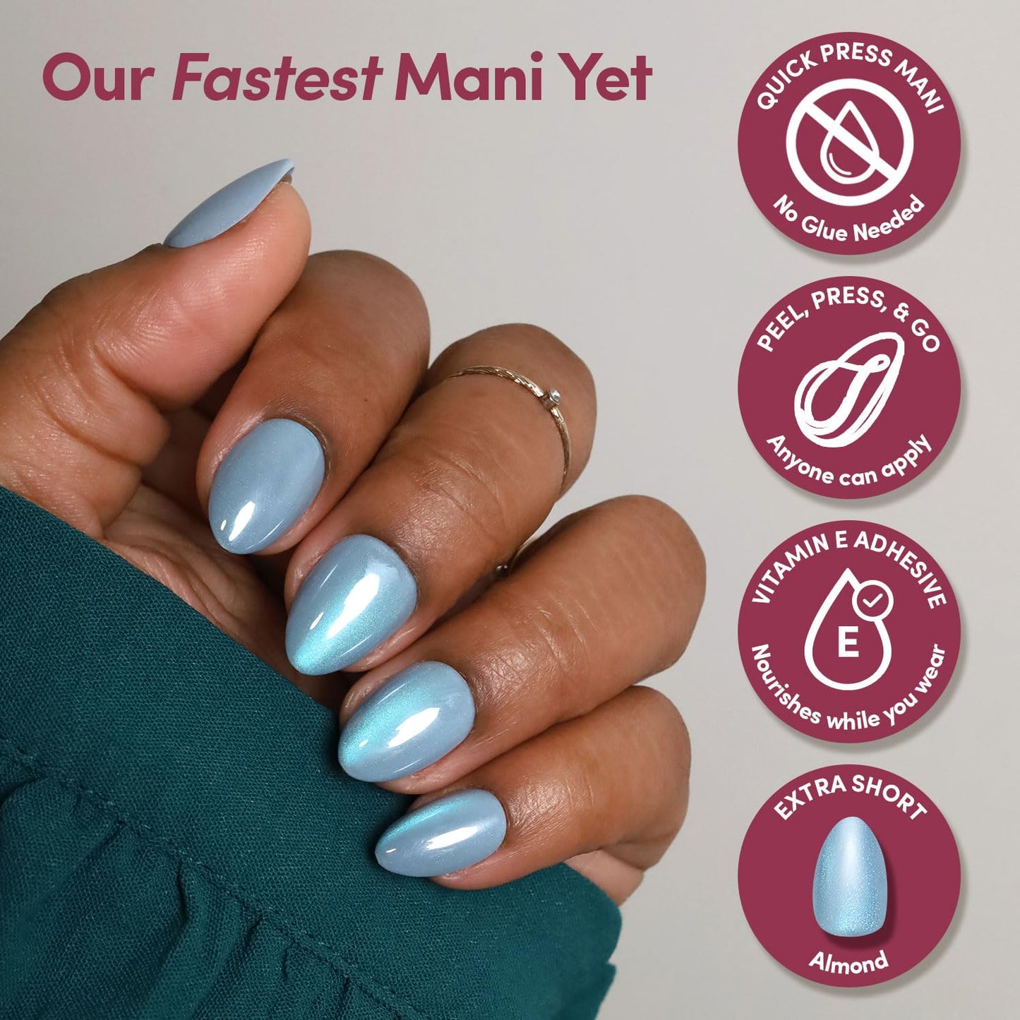 Glamnetic Quick Press Mani - No Glue Press On Nails, Just Peel and Stick, Almond Extra Short Nails, Mess Free, Salon Quality Stick On Nails, Ocean Prism | in 15 Sizes - 30 Nail Kit | Gift For Mom