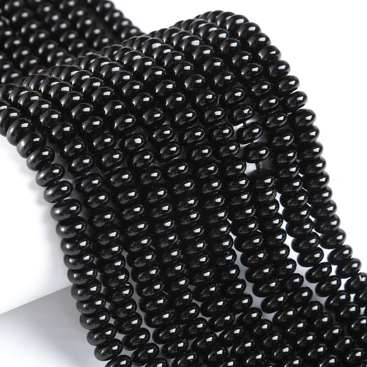 76pcs 5x8mm Natural Stone Black Agate Rondelle Spacer Loose Beads Abacus Disk Stone Round Loose Gemstone Beads for Jewelry Making DIY Bracelet Necklace