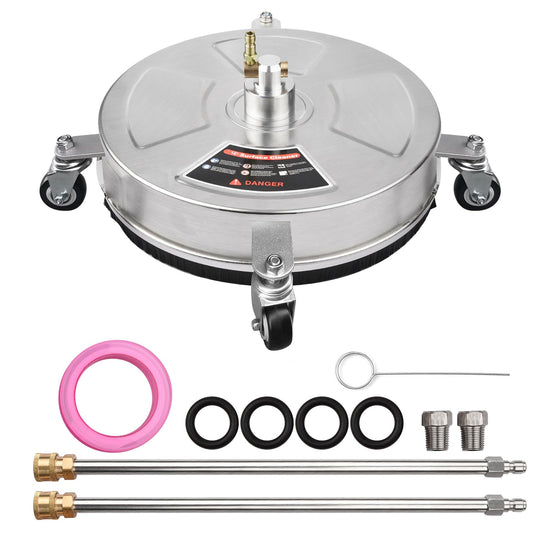 TRELVEX 14 Inches Pressure Washer Surface Cleaner Stainless Steel Housing Power Washer Accessory with 4 Wheels 1/4 Inch Quick Connector 2 ExWand Attachments 4000 PSI for Cleaning Driveways Sid