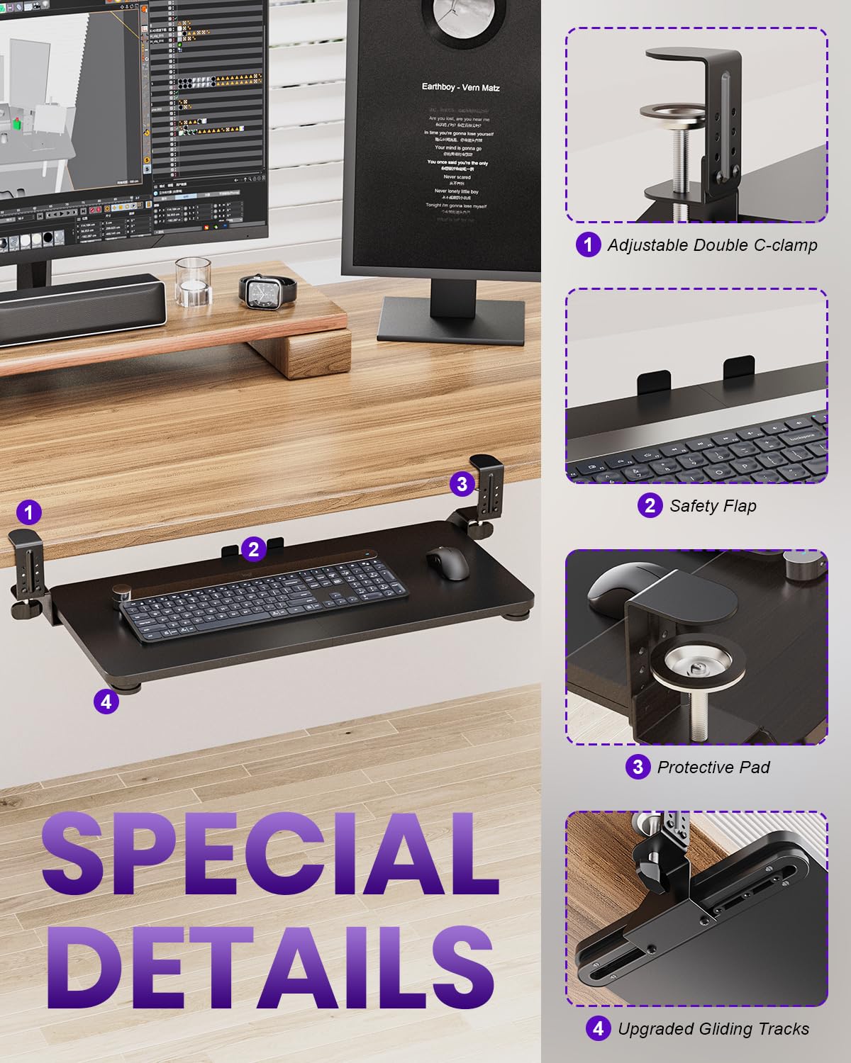 Zontera Ergonomic Mouse & Keyboard Tray Under Desk, Pull Out with Adjustable C-clamp, 20 (25.9 Including Clamps) x 11.8 Inch Slide Out Computer Keyboard Drawer Mouse Tray for Typing, Black