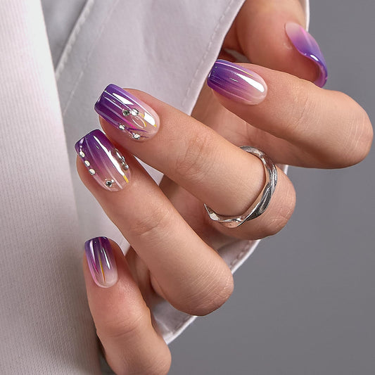CurvLife Press On Nails Kit - Full Cover False Nail Tips with Trendy Designs, Reusable & Glue Included - Easy Application Nail Accessories for Women (gradient purple lines, Medium)