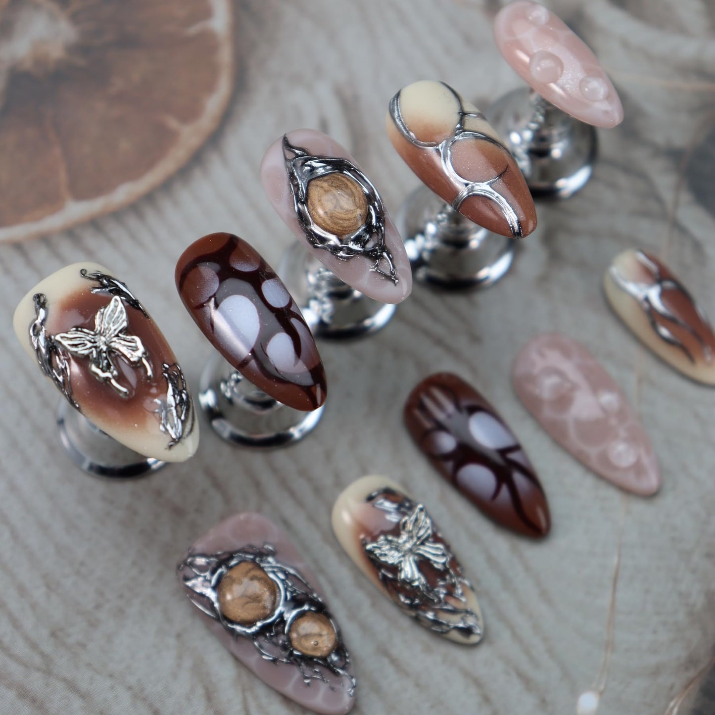 Brown Ombre Press on Nails Butterfly Fake Nails Medium Almond False Nail with Metal Design Silver Glue on Nails Handmade Nail Press ons Y2K Stick on Nail for Women Girls Cool Manicure (S)