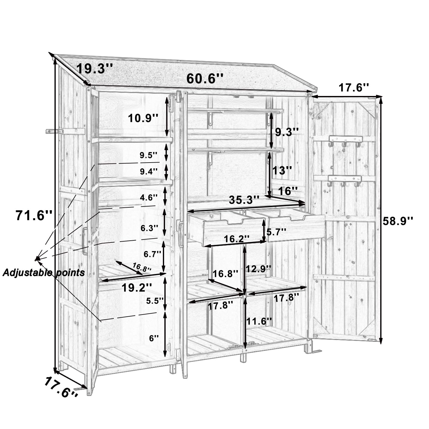 Merax Outdoor Wood Large Patio Garden Storage Shed with Waterproof Roof, 3 Doors Storage Cabinet with Workstation, 7 Storage Shelves, 2 Drawers and 6 Hooks for Backyard, Natural