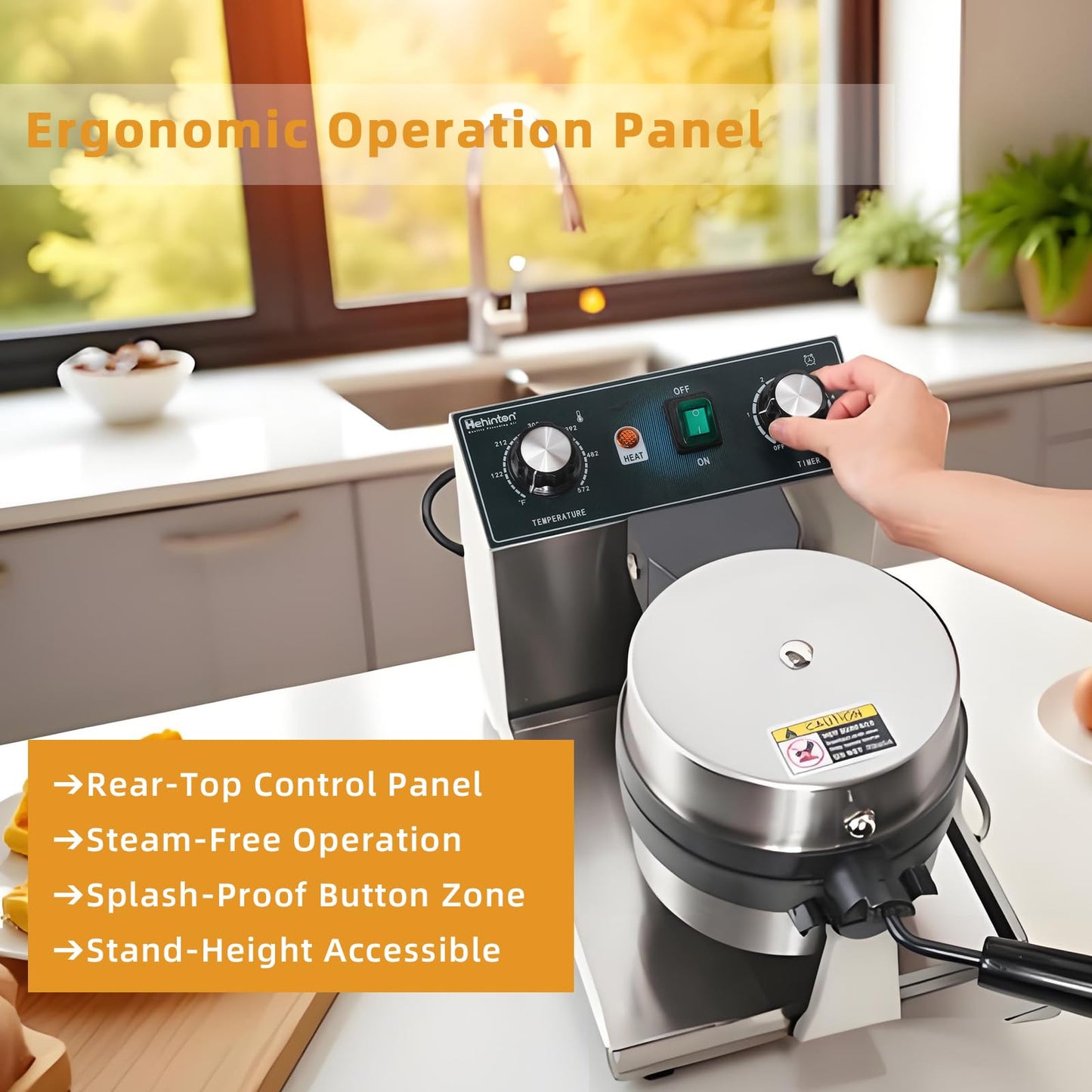Hehinton® 110V 1300W Commercial Belgian Waffle Maker, 180 Degree Rotatable Waffle Baker Machine with 122-572℉ Temp Control, 0-5min Timer, φ7"X1.2" Thick Non-Stick Dough/Batter Round Waffle Maker