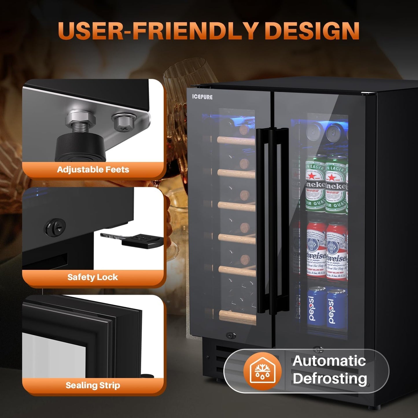 ICEPURE Wine and Beverage Refrigerator 24 Inch, Dual Zone Wine and Beverage Cooler with Glass Door, Freestanding or Built-In Wine Fridge Under Counter Lockable, Hold 19 Bottles and 58 Cans, Dark Black