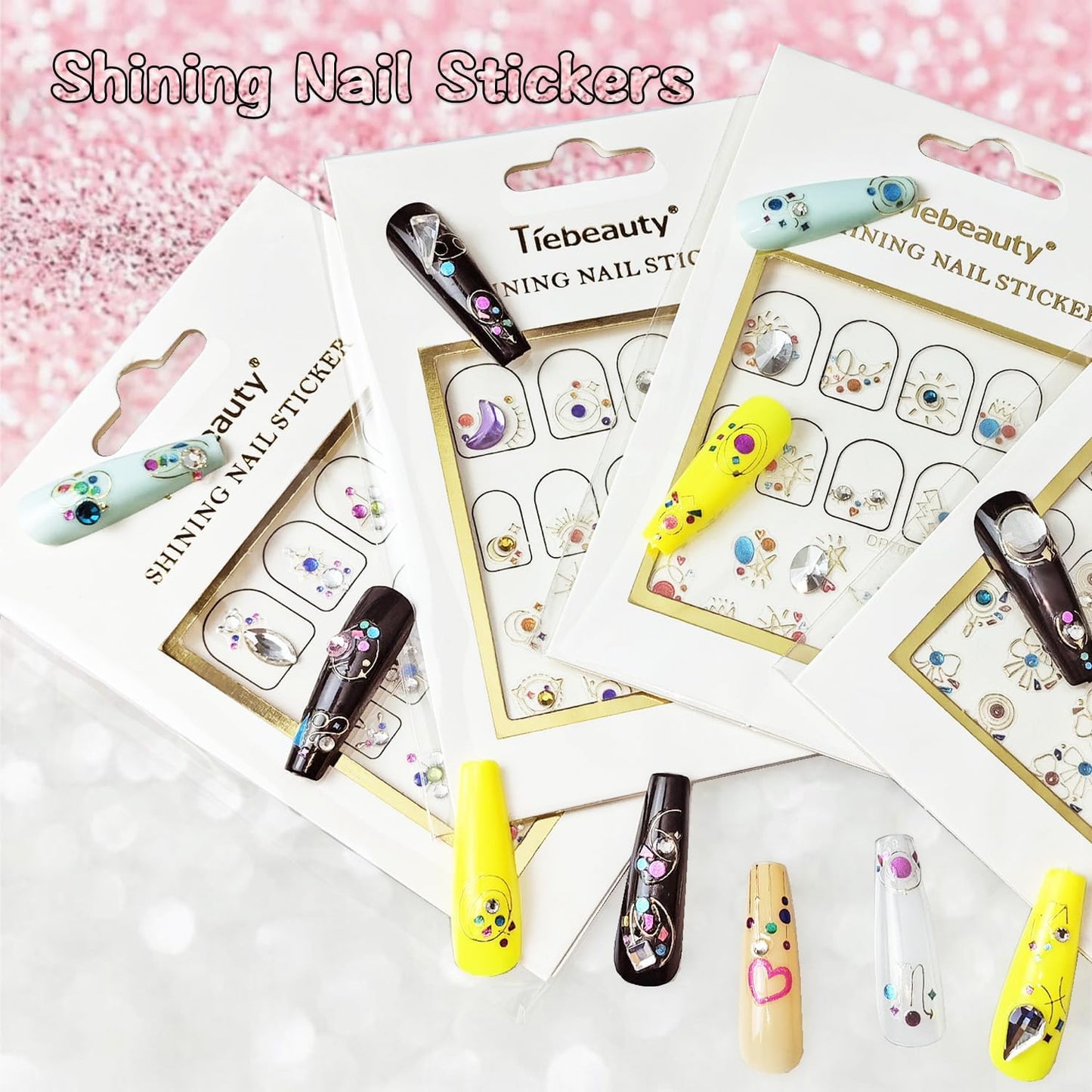 8 Sheets 3D Nail Art Stickers Diamond Heart Round Luxury Self-Adhesive Nail Decals Rhinestones Heart Design Gold Line Glitter Gems Pink White Purple Blue Colorful