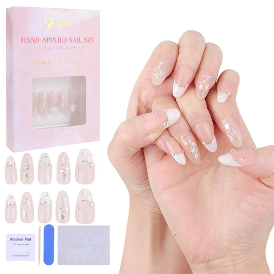 Yacey Handmade Press on Nails Short Almond, Reusable False Nails Press Ons, Shell Texture French Tip Thick Acrylic Fake Nails, 3D Artificial Bling Glossy Glue on Nails for Women Girls (10 Pcs, M)