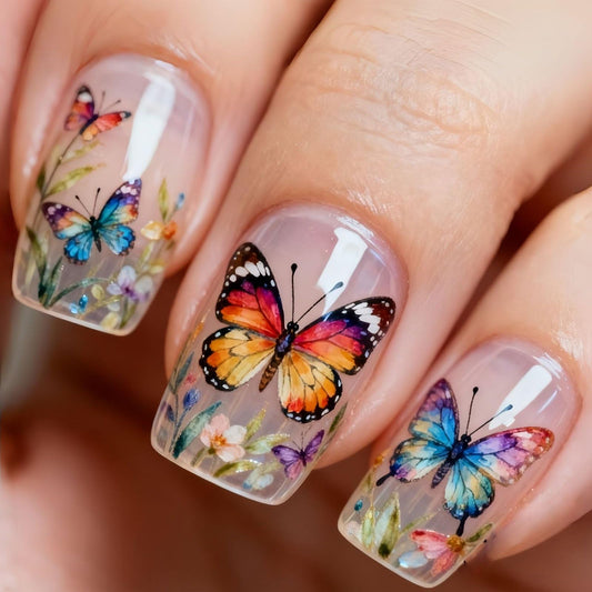 Butterfly Press on Nails Medium Square Fake Nails Spring Flowers False Nails Colorful Butterfly Acrylic Nails Full Cover Glue on Nails Summer Artificial Stick on Nails for Women Manicure Decoration