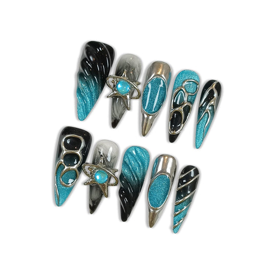 Hantyer Long Stiletto Press On Nails, Handmade Soft Gel Turquoise & Black Abstract Fake Nails with Unique 3D Ring & Metallic Swirls, Statement Reusable False Nails 10PCS Kit (Size XS)