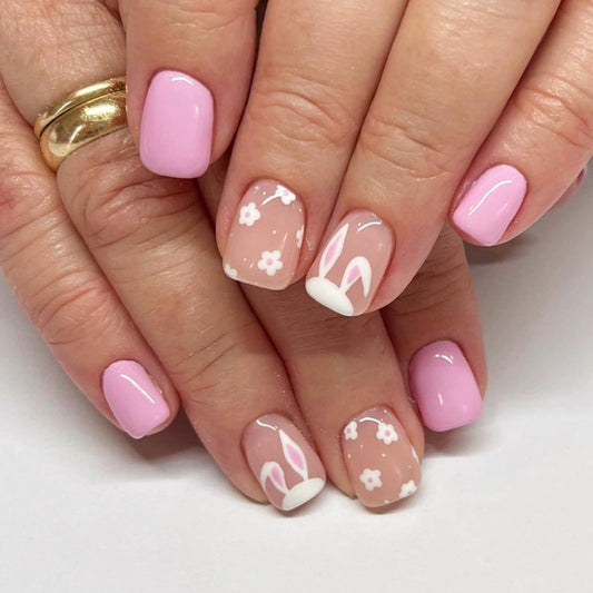 Short Square Fake Nails Easter Nails Press ons Pink Acrylic False Nails with Cute Rabbit Designs Full Cover Stick on Nails Flower Glue on Nails Press on Nails Easter for Women 24Pcs
