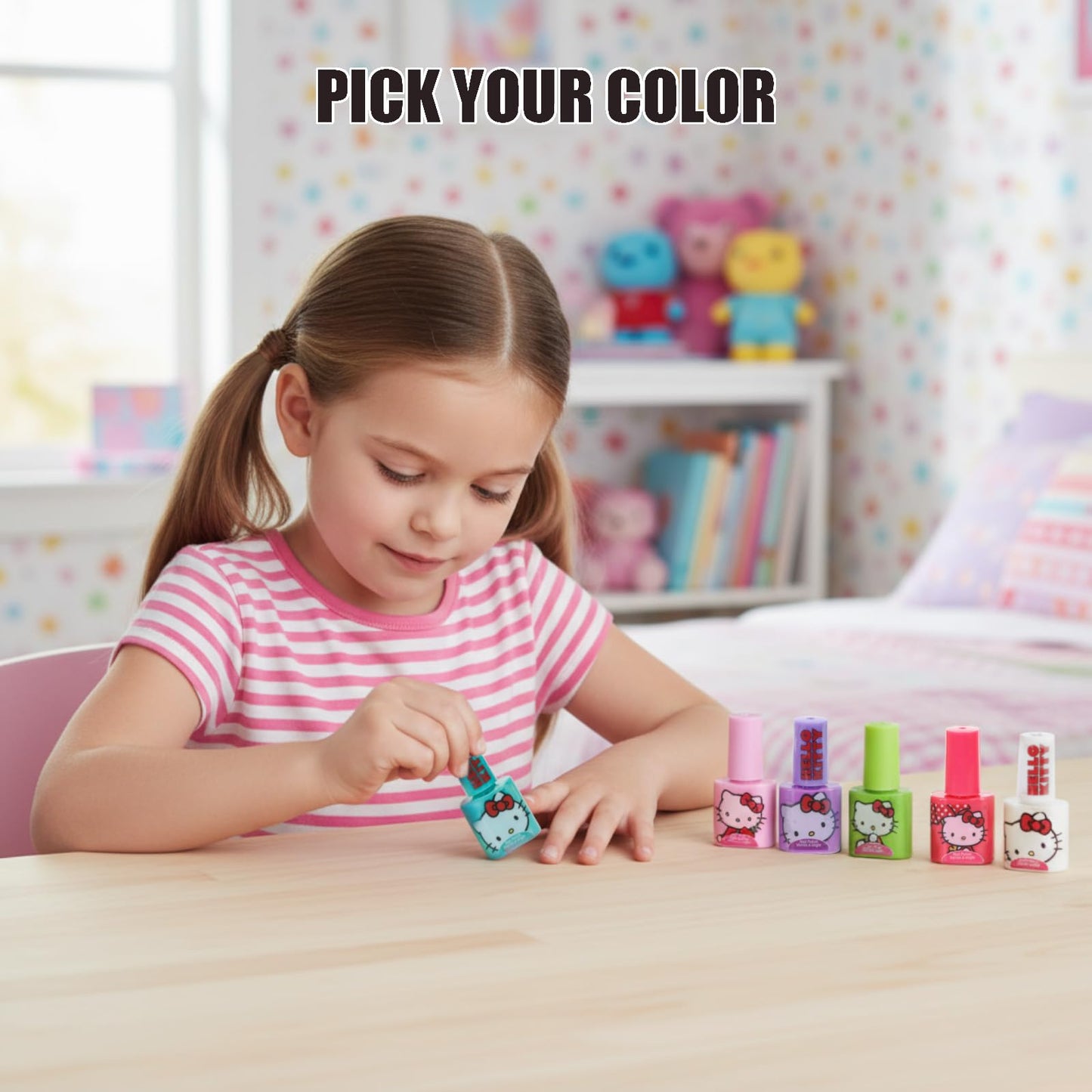 Hello Kitty Water-Based Nail Polish Set, Peel-Off Set with Glittery & Opaque Colors and Nail Accessories for Girls Kids, Perfect for Dress Up, Parties & Makeovers Ages 3+ by Townley Girl