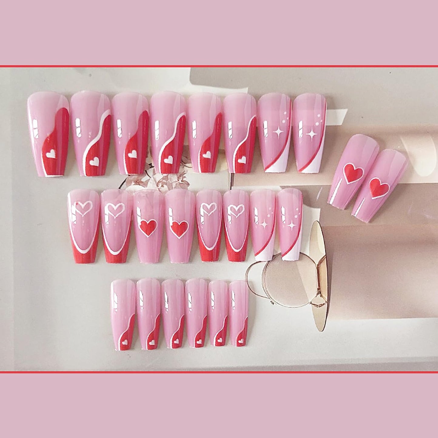 Vezocim French Tip Square Medium Press on Nails 24Pcs Glossy Full Cover Artificial Pink Fake Nails with Red Heart Designs Acrylic Coffin False Nails Glue Fingernails with Charm for Women Girls