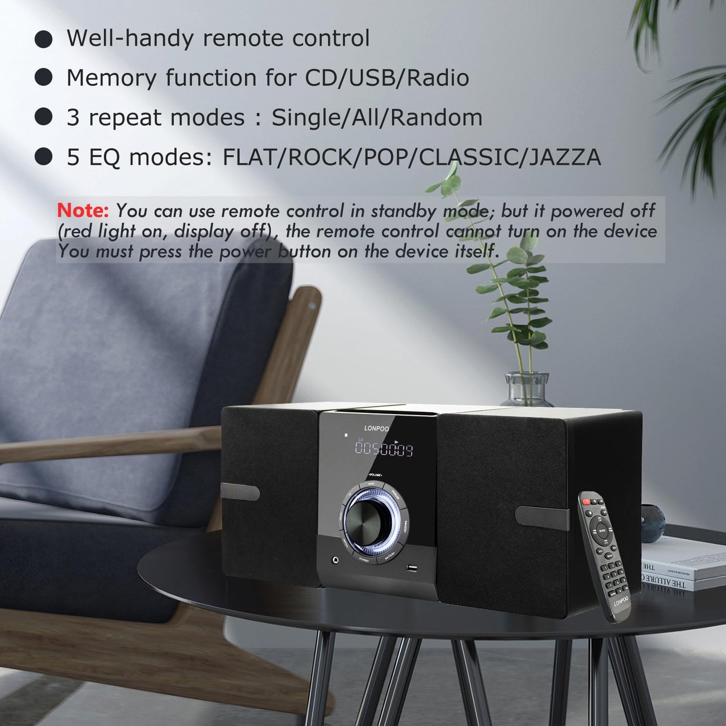 Compact Stereo System Speakers with CD Player, Bluetooth, FM Radio, Aux-in, USB-in, Earphone Jack, DSP-Tech, Remote, 30W Crisp-Sound Shelf Stereo System for Home (LP-886)