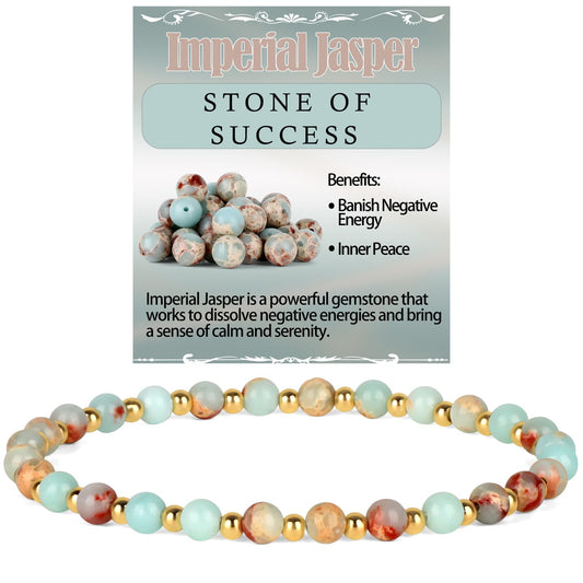QOGIR Imperial Jasper - Stone of Success - 14K Gold Plated Beads Natural Gemstone Stretch Elastic Dainty Healing Beaded Bracelets Gifts 4mm