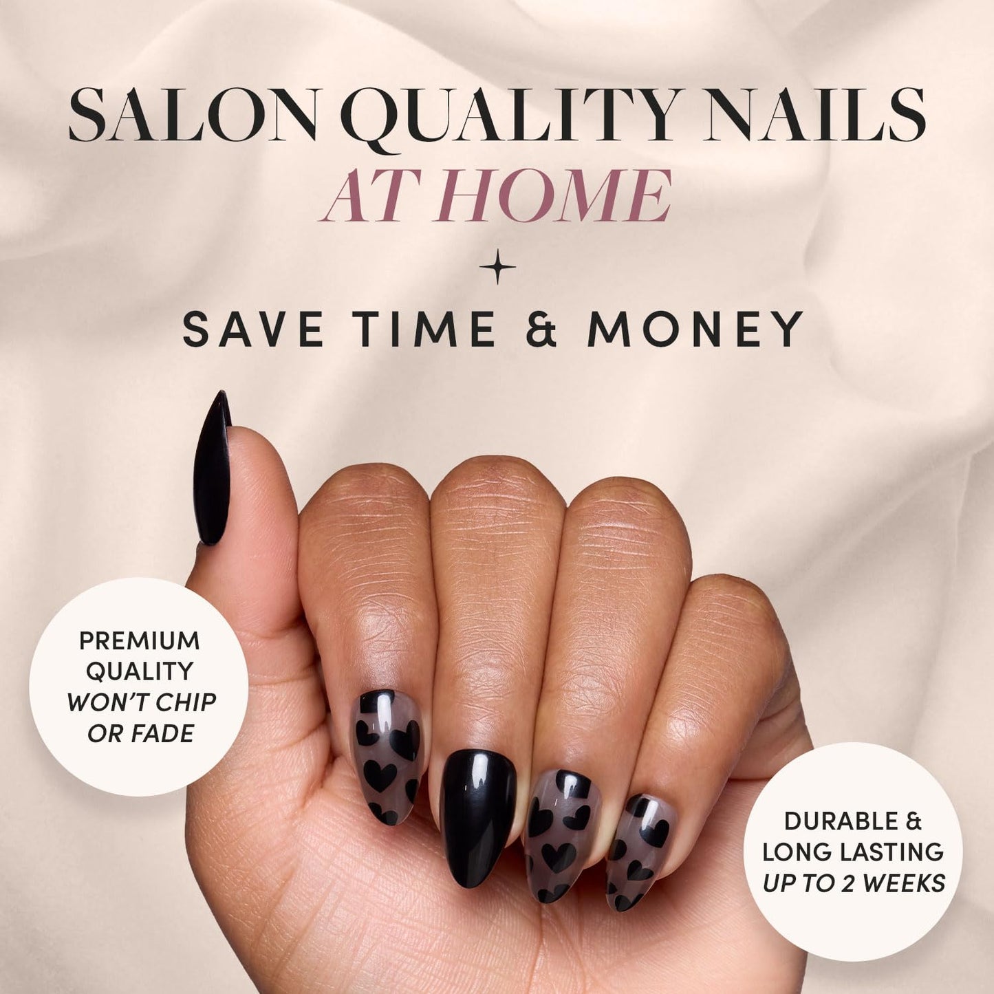Glamnetic Press-On Nails Bundle - Love Me Not, Fiery Red & Fairy Dust |Almond Fake Nails with Black Heart Accents | Bright Red Almond False Nails | Short Oval Beige-Pink Nails with a Meta