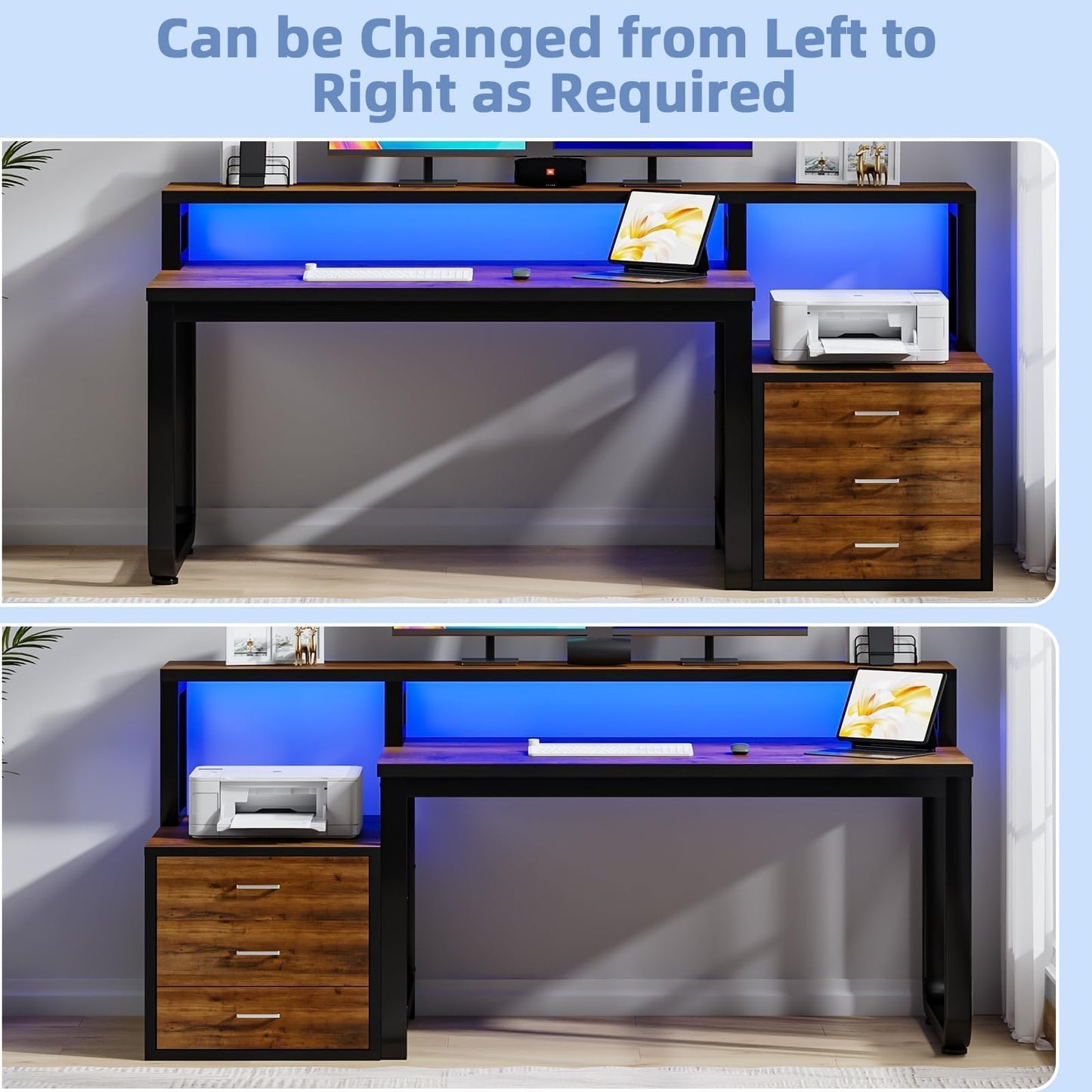 MaverickFurni 67'' Computer Desk with Drawers, Black Desk with Storage and Monitor Stand, Home Office Desk with LED Lights, Black and Walnut