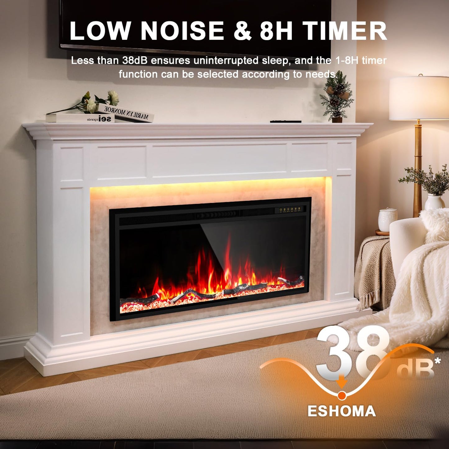 Electric Fireplace Mantel with Grey Marble Finish, 69” Fireplace TV Stand with 42”Electric Fireplace Heater, Remote Control, Adjustable Led Flame, Corner Fireplace for Living Room, Bedroom, White