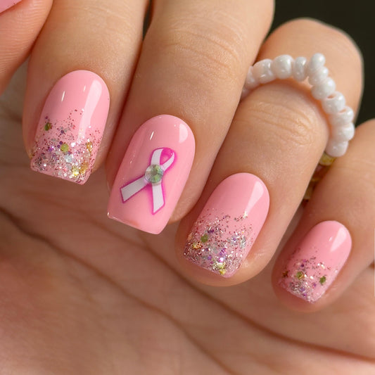 Curvlife Press On Nails Medium Square Pink - Breast Cancer Ribbon Press on Nails with Glue, Pink Ribbon Awareness Glitter Glossy Fake Nails Long Lasting False Nail Tips for Women