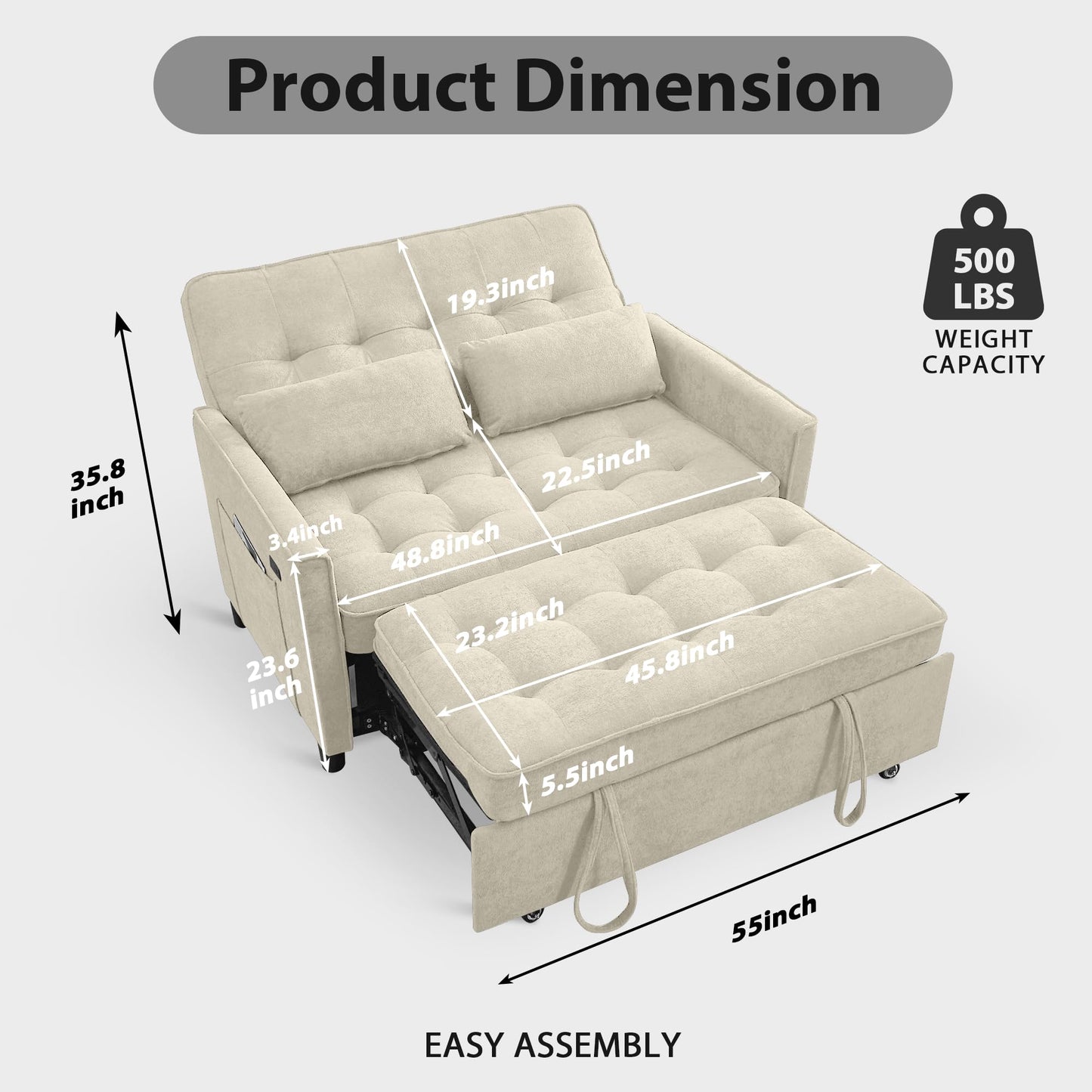 tiramisubest Convertible Sofa Bed, 3 in 1 Pull Out Couch, Loveseat Sleeper with Side Pocket, Living Room Sofa with Adjustable Backrest | USB Charging Port | Two Pillows | Fabric | Beige Couch