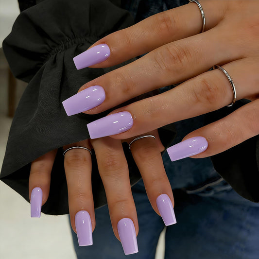 SXVME Press On Nails Long Square - Lilac Press on Nails with Glue for Women, Natural Simple Fake Nails Press ons Medium, Glossy Soft Gel Glue on Nails Coffin, Reusable Nail Stick Ons, 24 Pcs