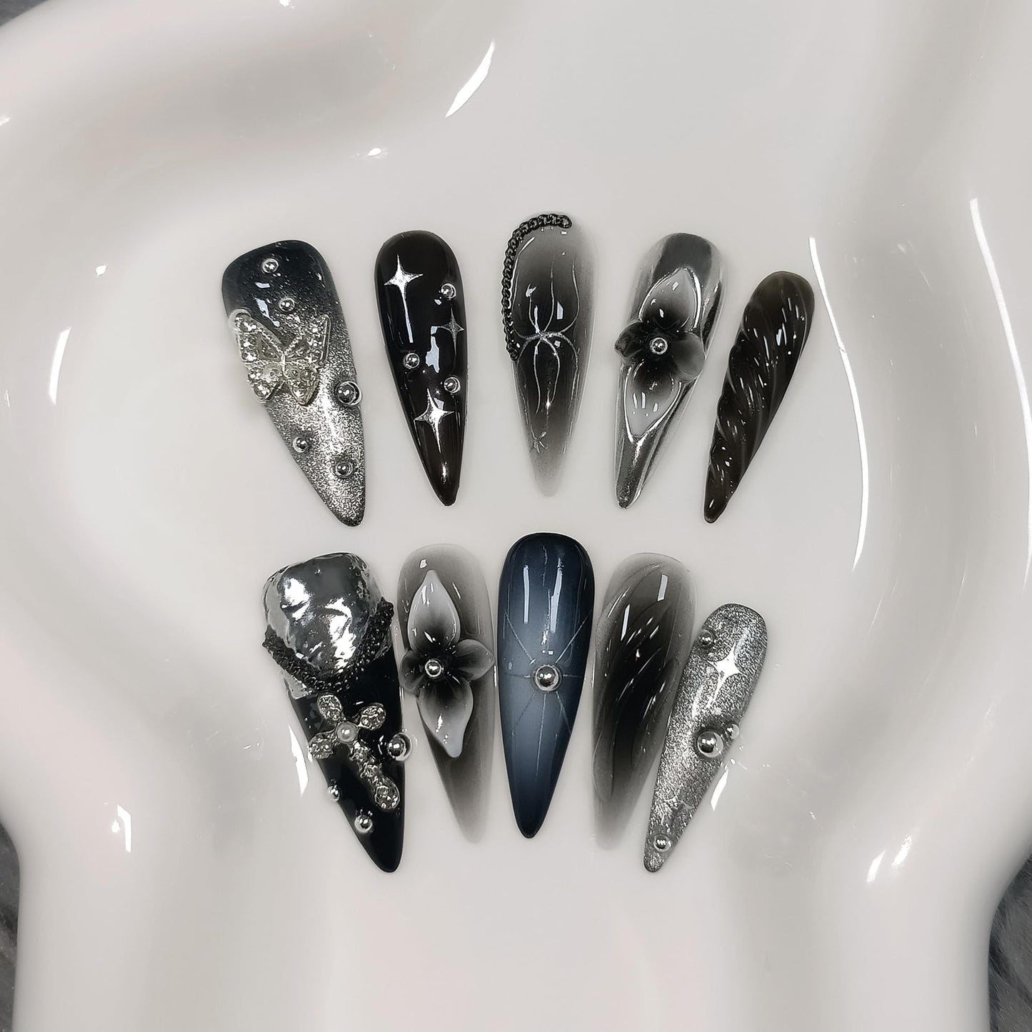 TENPAL 10Pcs Luxury Press On Nails Long Stiletto,Full Cover Crystal Glitter Fake Nail Set with Tools,Reusable Bride Wedding Nails for Bridal Party Bachelorette,Statement Making Glamorous Nail(XS)