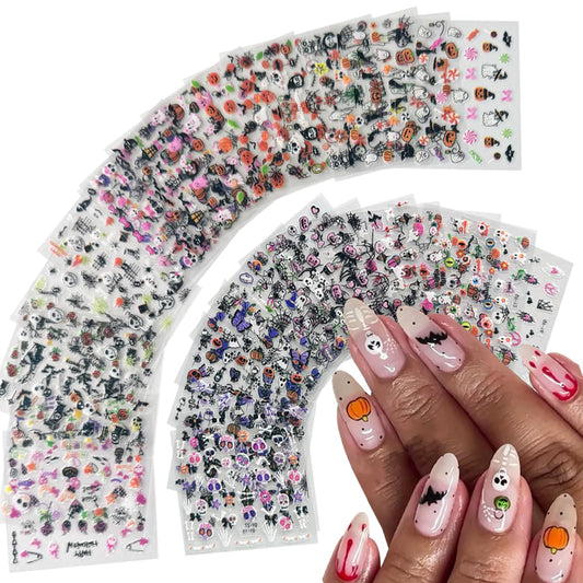 30 Sheets Halloween Nail Art Stickers Cute Ghost Pumpkin 3D Self-Adhesive Nail Decals Bat Cat Skull Designs Nail Decorations Halloween DIY Manicure Supplies for Women Girls&Kids