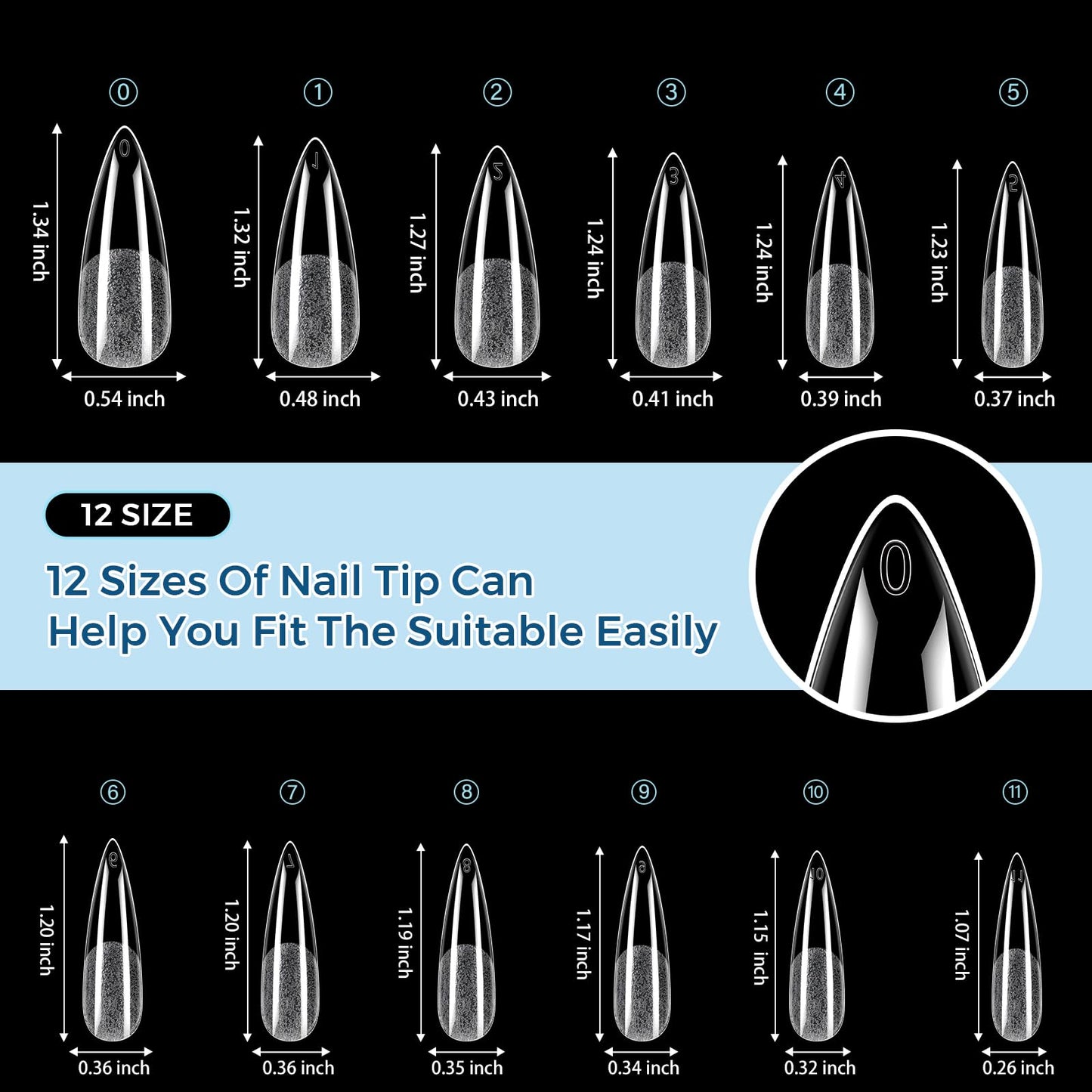 TOMICCA Long Stiletto Nail Tips, 240Pcs 12 Sizes Almond Fake Nails Half Matte Acrylic Gel Nail Tips Full Cover False Nails for Nail Extension Home DIY Salon