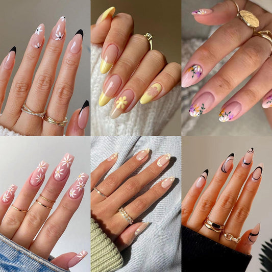 Jsiallye 6 Packs Press on Nails Medium,144Pcs French Press on Nails Almond,Ballet with Daisy,Glue on Nail in 12 Sizes - 24 Fake Nails Kit, Stick on Nails for Women