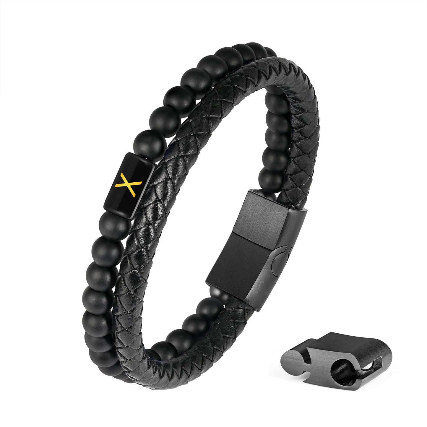 Mens Leather Bracelet with Initial - Men Gift Matte Agate Bead Magnetic Clasp Black Leather Bracelets Mens Gifts Men Bracelets with Initial X Bracelet for Men's Jewelry Men's Gifts for Dad Husband Him