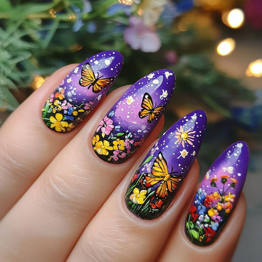 CJDLTS Purple Press on Nails Almond Medium Butterfly Colorful Flower Pattern Design Full Cover Glossy Acrylic Fake Nail Spring Blossom Stick on Nail 24Pcs DIY Press Ons Glue on Nails for Women
