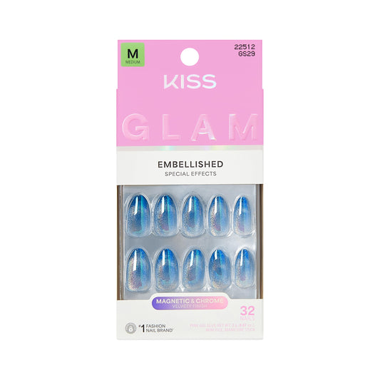 Kiss Glam, Press On Nails, Nail glue included, 'Glow Forever', Blue, Medium Size, Almond Shape, Includes 32 Nails, 2g Glue, 1 Manicure Stick, 1 Mini File