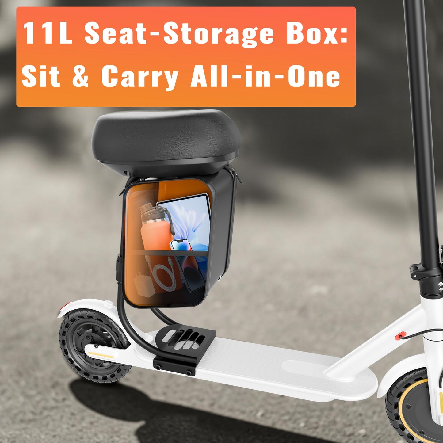 Qlaway 8.5" E Scooter for Adults with Luggage Seat 19 MPH Sport Escooter 350W Motor, Electric Scooter Up to 22 Miles Range, Bearing 265 LBS/APP Control-White