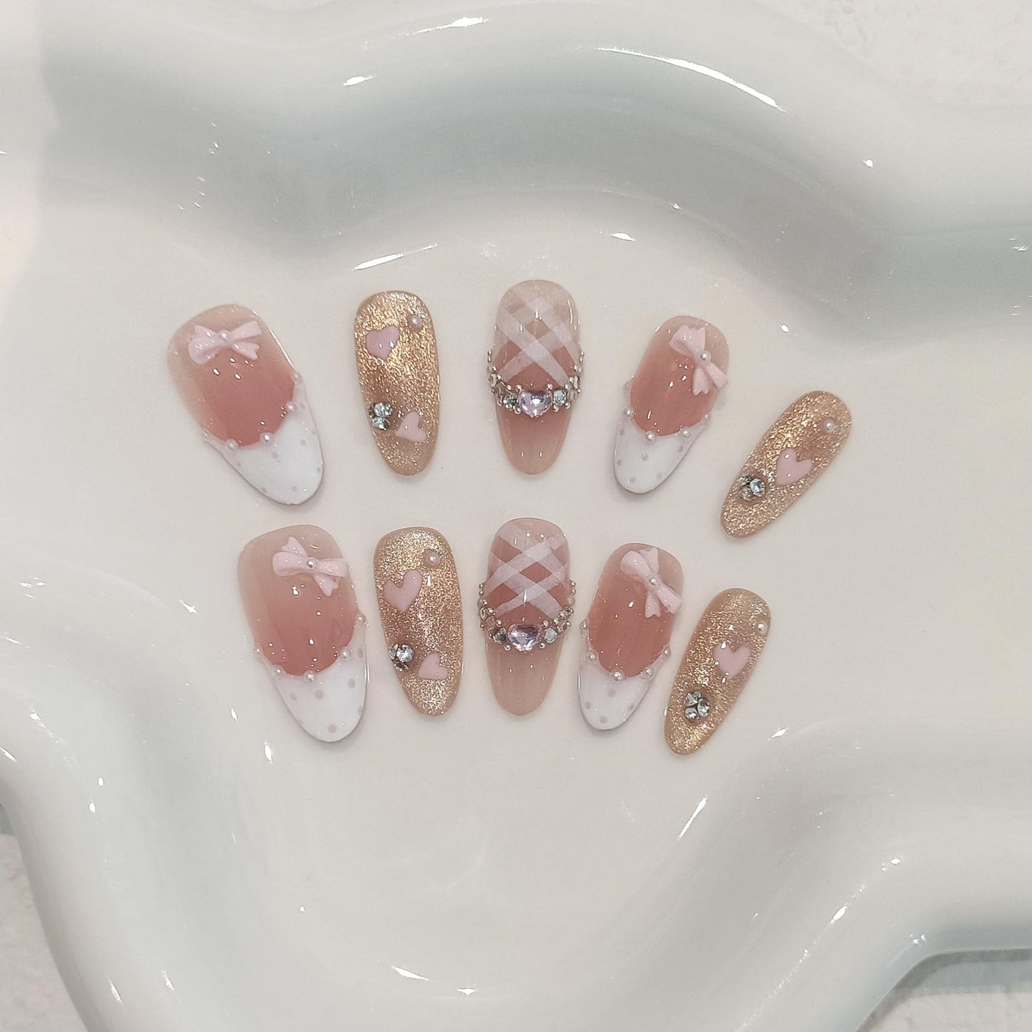TENPAL Reusable Almond Press on Nails Medium,Pink Cat Eye Glitter Fake Nails with Polka French Tips,Hand-Painted Hearts & 3D Bow Rhinestones False Nails,Princess K-Beauty Nails Full Manicure Kit(XS)
