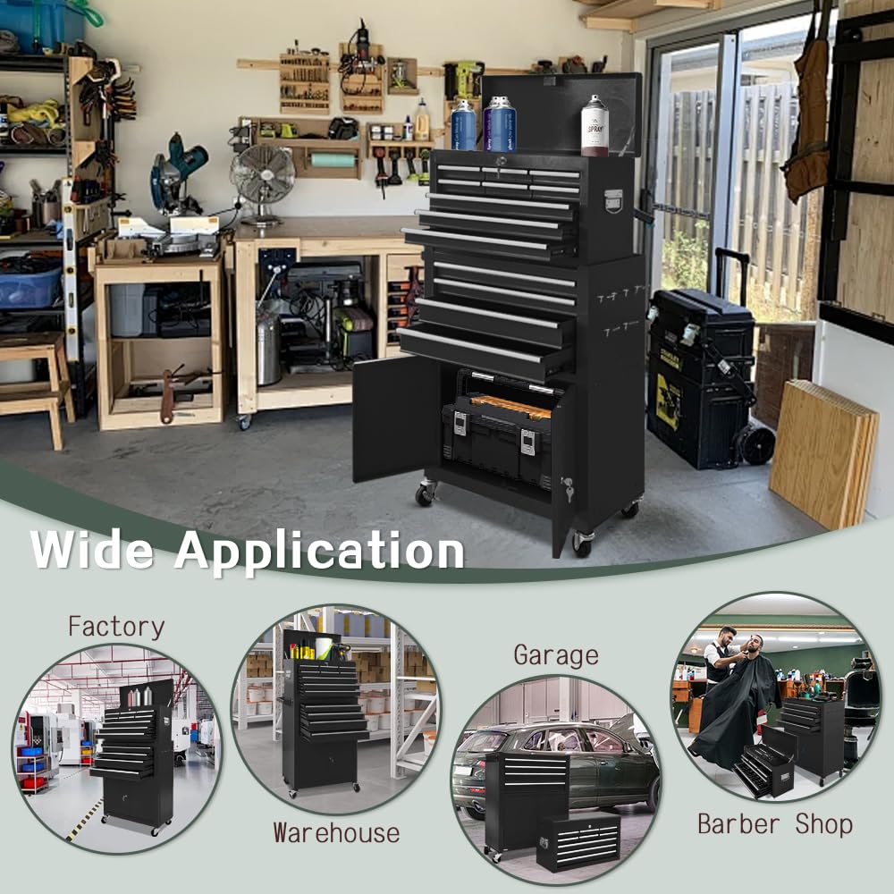 Tool Chest 13-Drawer with Double Door Handle,2 in 1 Detachable Rolling Tool Chests with Wheels and Drawers,Large Tool Box with Lock (Black)