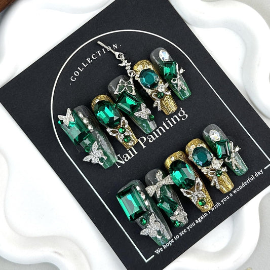 100% 5D Handmade Press on Nails Green Diamond False Nails Long Coffin Fake Nails Press ons Silver Bow Butterfly Nail Charms Press on Nails for Women Girls Daily Wear DIY Manicure Size M