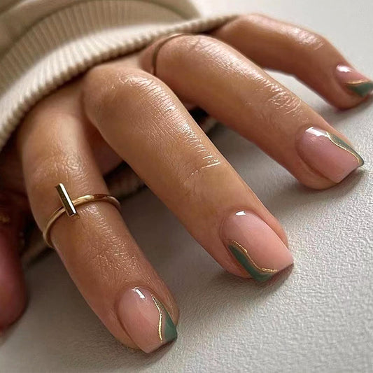 Stbisen Green Press On Nails Short Square, Summer Nude Fake nials with Green Wavy French Tips and Gold Metallic Trim Line, Reusable Thick Natural Glue On Nails for Women Gift, Suitable for Work, 30Pcs