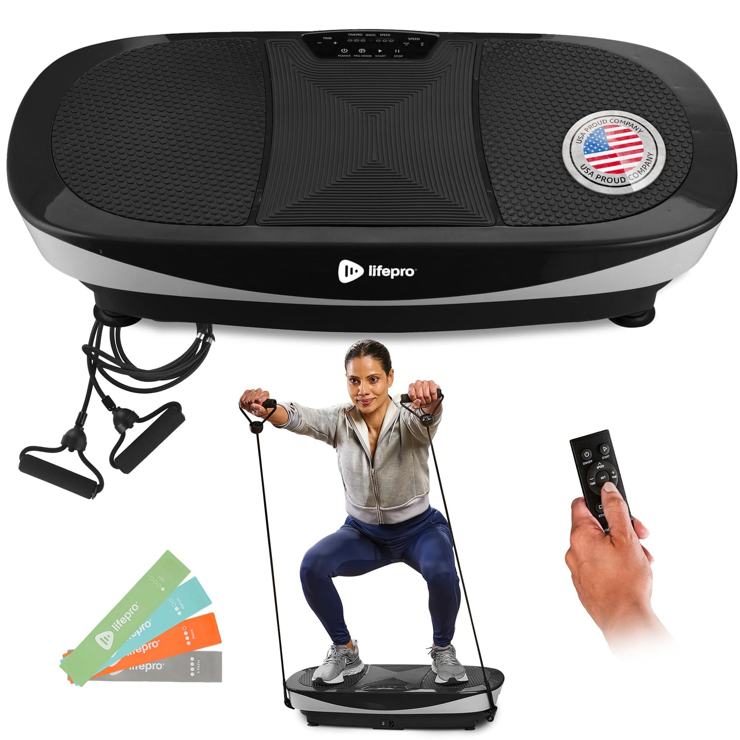 Lifepro Rumblex Max 4D Black Vibration Plate Exercise Machine with Loop Resistance Bands for Home Fitness Shaping Training Recovery Tone & Strength