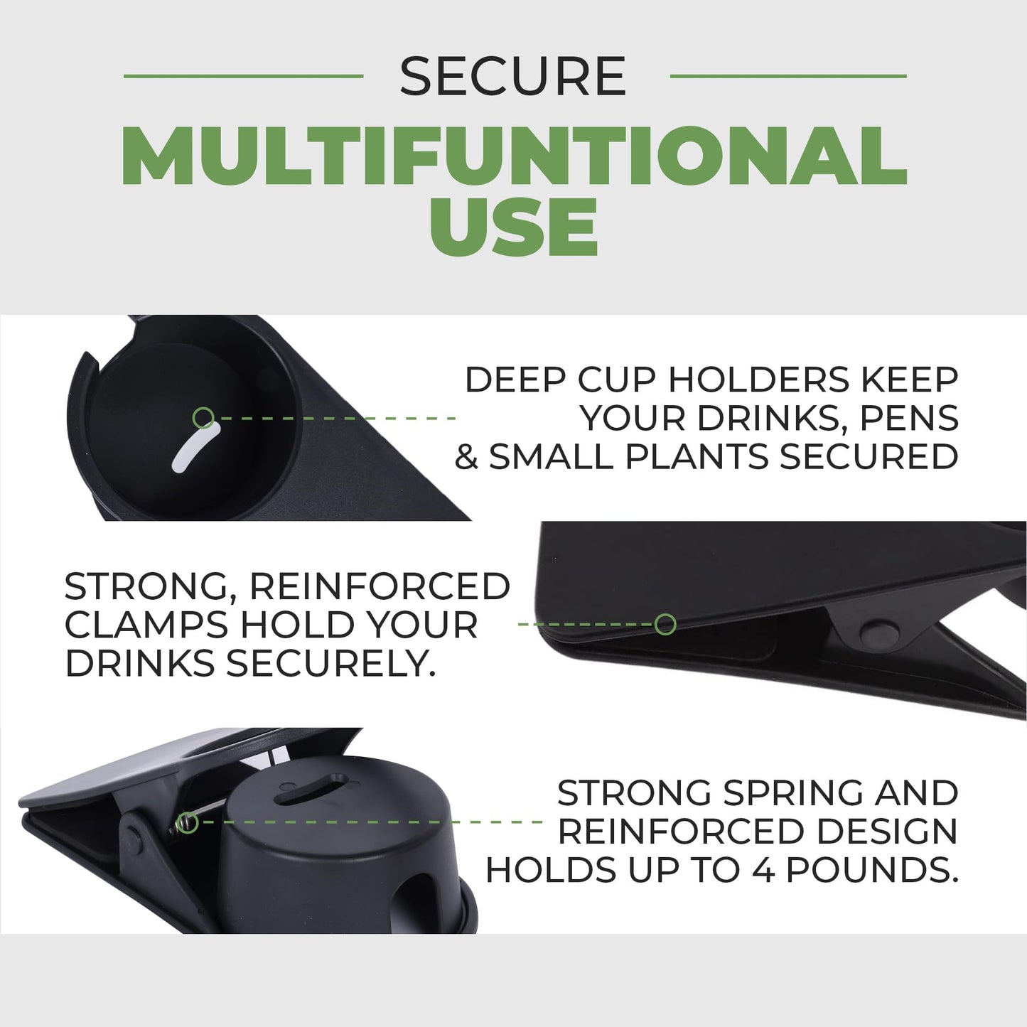 AISLE 3 ESSENTIALS Desk Cup Holder Clamp, Clip On Cup Holder for Desk, Anti Spill Drink Holder with Phone Slot, Clamp On Holder for Coffee Mug Water Bottle Gaming Desk