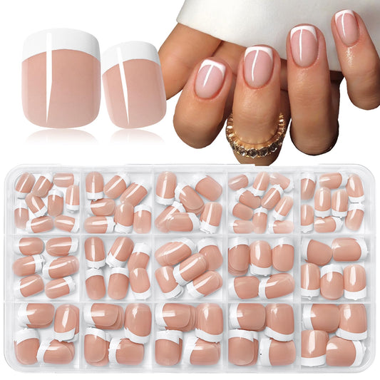 240pc White French Tips Press on Nails Square Fake Nails Kit, Extra Short Nails Press ons French Tip Acrylic Nails Coffee Glue ons Nails Short Stick on Nails Women Artificial False Fingernail Tabs