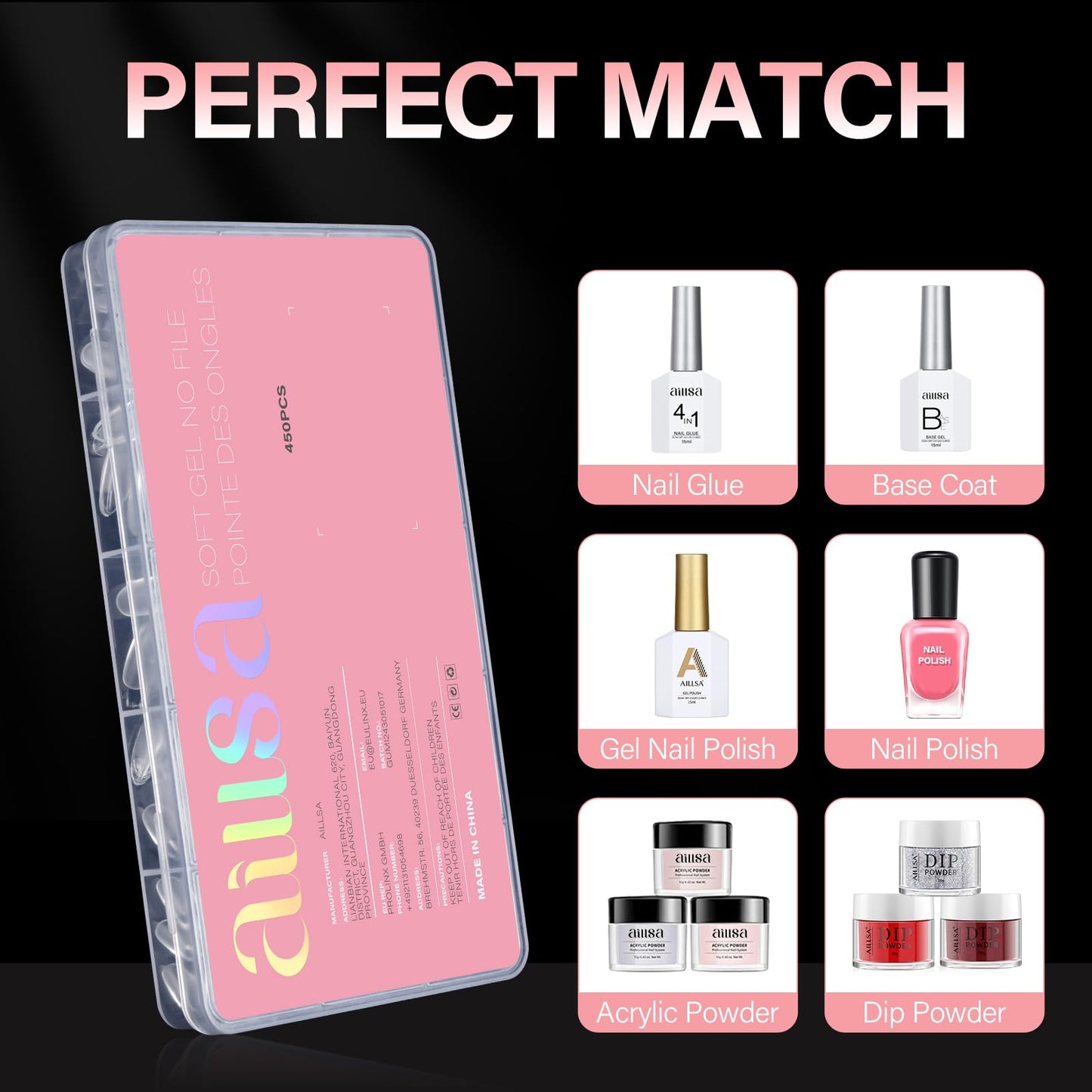 AILLSA Medium Almond Nail Tips - 450pcs Thickened False Nail Tips Half Matte Nails Tips, Fake Nails Nail Extension for Manicure