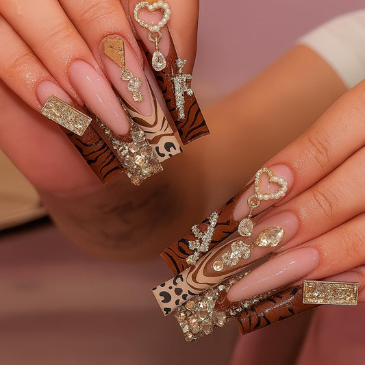 XL Junk Nails Press On – 24Pcs Gold Charm False Nails, French Tip Long Coffin Shape DIY Fake Nails for Women, Bling Rhinestones Nail Kit for Baddie Nail Look (Designs, long pink)