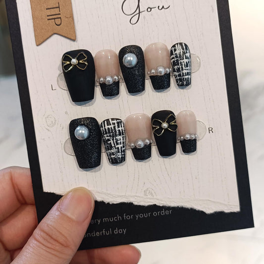 TENPAL Handmade French Tips Press on Nails Medium,Black Gold Pearl & Bow Tweed Coffin,Detachable Luxury Heirloom Elegance for Fair Skin, Acrylic Wedding Nails for Women(XS)