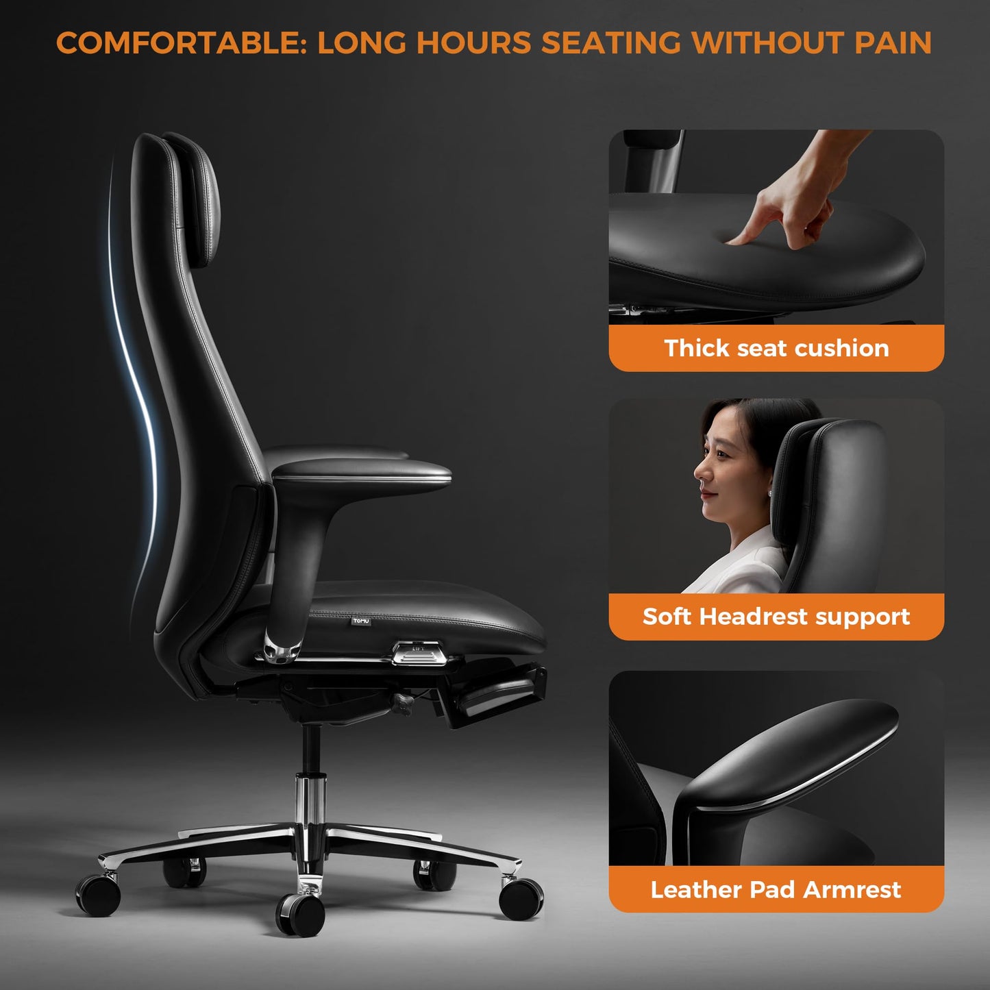 TOMU Executive Office Chair with Foot Rest, Top Grain Genuine Leather Office Chair, Ergonomic High Back Design. Real Leather, Wheels, Alumium Base. Padded Armrest, Luxury and Comfy (Black)