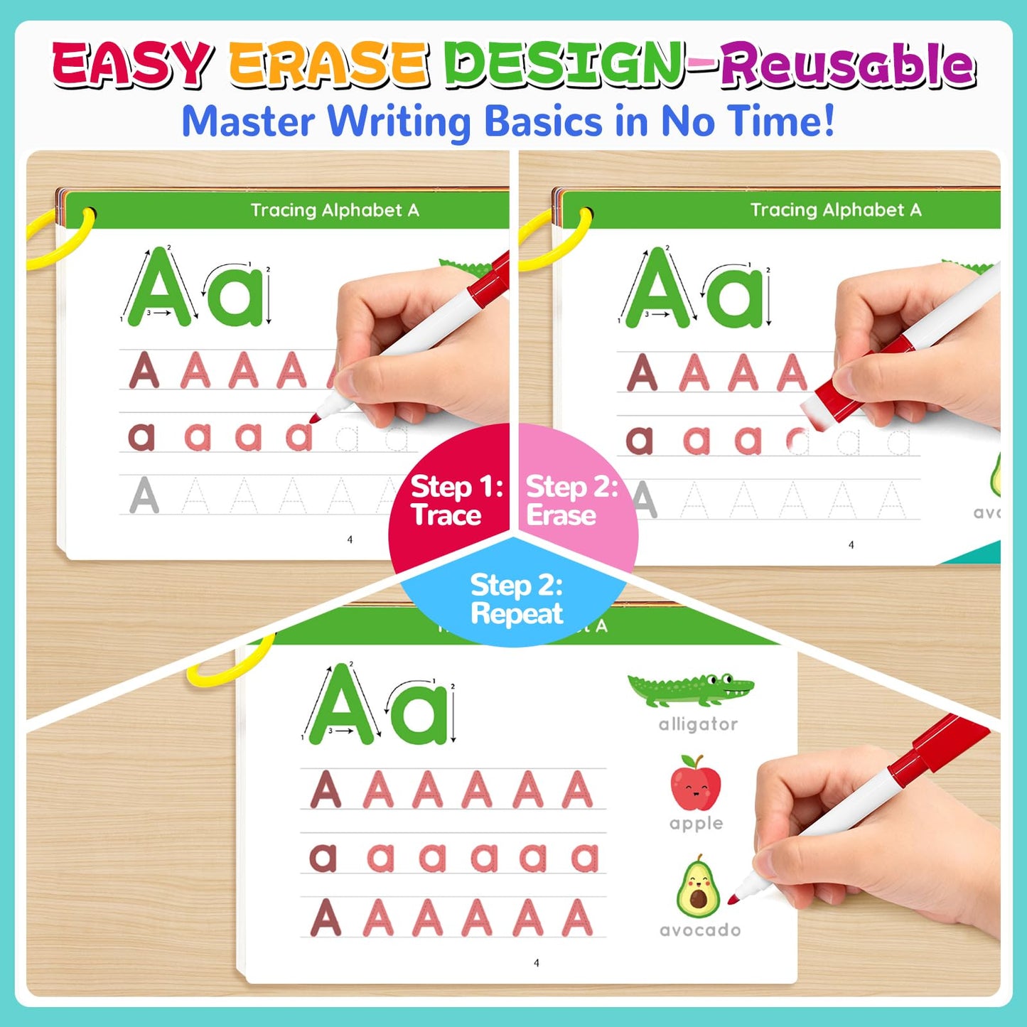 EUUBIRD Reusable Preschool Learning Activity Book - Handwriting Practice with Alphabet & Letter Tracing, Kindergarten Workbook for Kids Ages 3-5